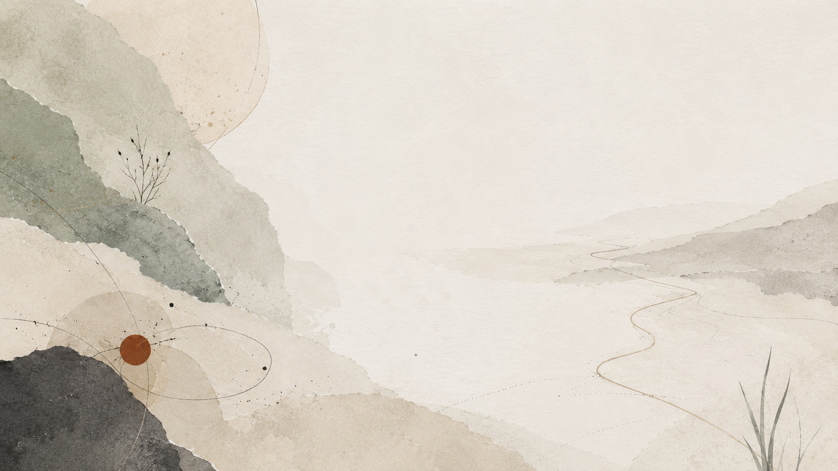 Paisaje abstracto en acuarela con formas suaves, líneas delicadas y un camino abierto.
